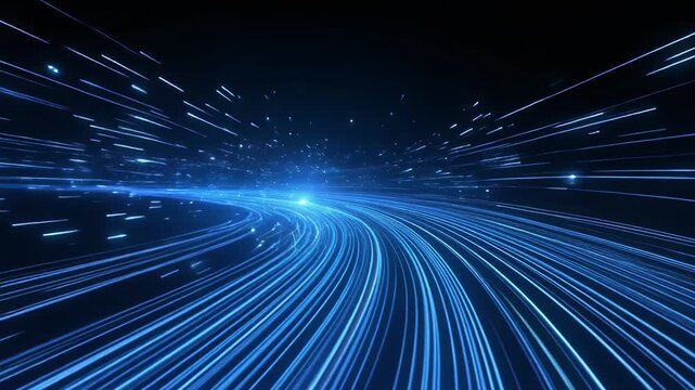 Abstract blue light trails speeding through cyberspace, futuristic digital data flow background bright