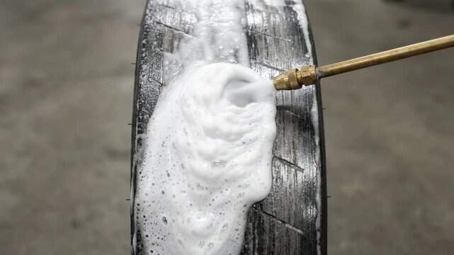 White degreaser spray actively foaming on a rough carbon composite aircraft brake disc filling the entire close view
