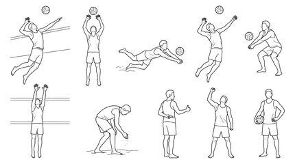 Fototapeta premium Volleyball player jumping to hit ball line art set vector designs