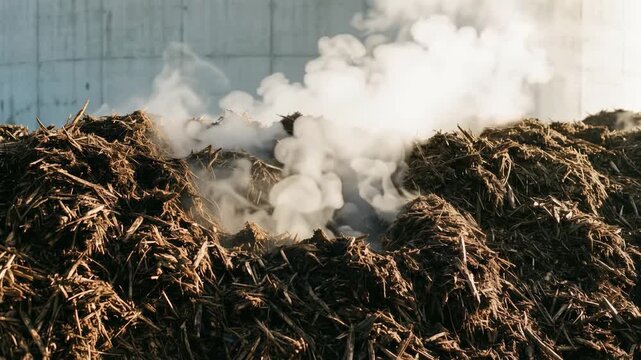 Shredded sugarcane waste compost pile releasing thick white steam from the dark brown and highly textured mound