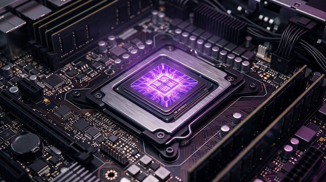 Close up of a glowing central processing unit on a computer motherboard.
