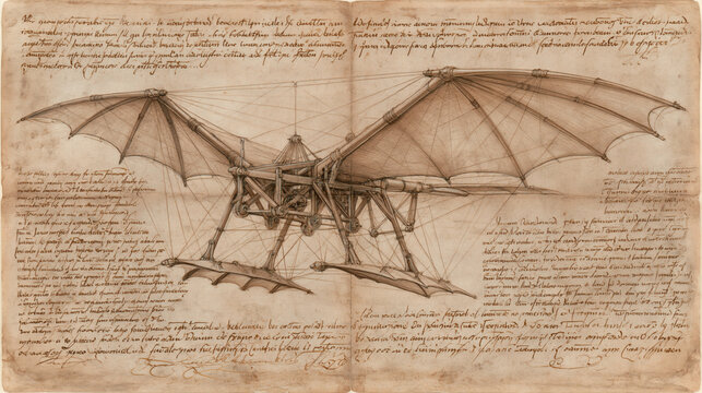 A detailed vintage technical drawing of a winged flying machine concept displayed on aged paper with handwritten notes and structural diagrams illustrating early concepts of human flight