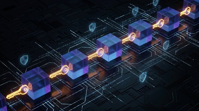 Blockchain nodes processing cryptographic transactions on digital network infrastructure with glowing data connections