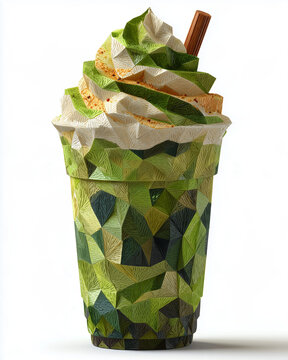 A papercraft beverages figure crafted in geometric origami style of green tea smoothie with whipped cream, isolated on white background