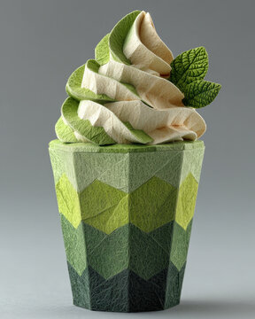 A papercraft beverages figure crafted in geometric origami style of green tea smoothie with whipped cream, isolated on white background