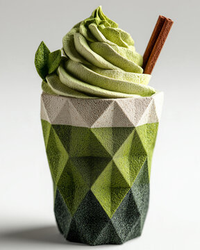 A papercraft beverages figure crafted in geometric origami style of green tea smoothie with whipped cream, isolated on white background
