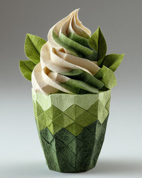 A papercraft beverages figure crafted in geometric origami style of green tea smoothie with whipped cream, isolated on white background