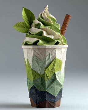 A papercraft beverages figure crafted in geometric origami style of green tea smoothie with whipped cream, isolated on white background