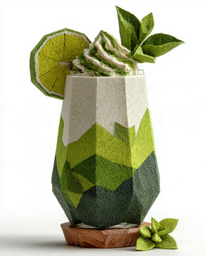 A papercraft beverages figure crafted in geometric origami style of green tea smoothie with whipped cream, isolated on white background