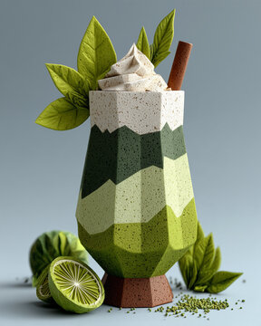 A papercraft beverages figure crafted in geometric origami style of green tea smoothie with whipped cream, isolated on white background