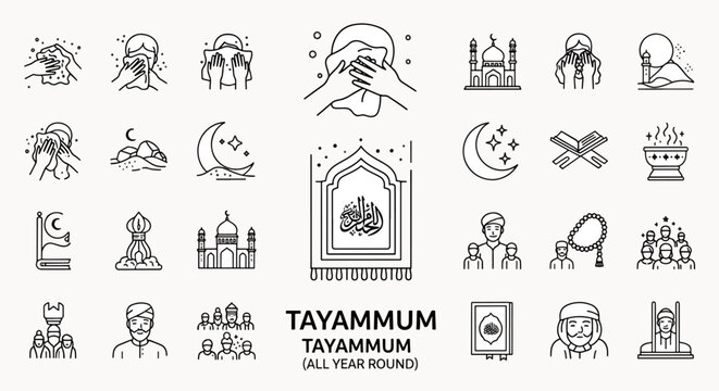 Tayamum Icons Set Vector Illustration Islamic Rituals Symbols Ramadan Kareem Muslim Religion