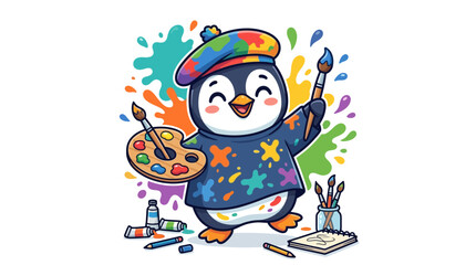 Naklejka premium Cute cartoon penguin artist character painting with colorful palette