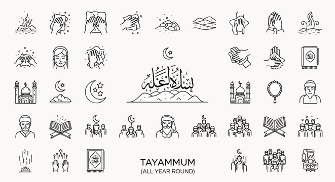 Tayamum illustration set, Islamic religious ritual, ablution with sand, Muslim prayer, faith, worship, and spiritual practice