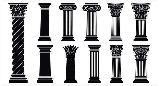 Collection of classical column silhouettes on a white background