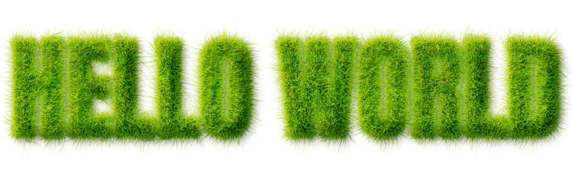 Hello World text effect with realistic green grass texture isolated on transparent background