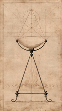 A vintage style technical drawing shows a geometric structure with a bowl shape mounted on a stand with lines and circles on a textured paper background
