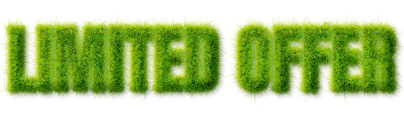 Limited Offer text rendered in a realistic green grass texture isolated on transparent background © Mahmud