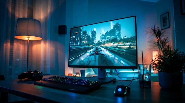 Modern PC gaming setup with monitor displaying video game, cozy gamer room desk background