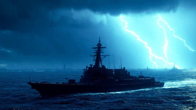 Navy warship military fleet, stormy ocean background with dramatic lightning defense mission