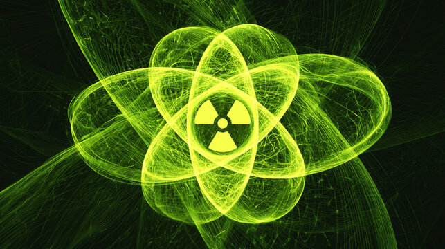 Radioactive nuclear radiation symbol, atom energy background for science quantum physics concept