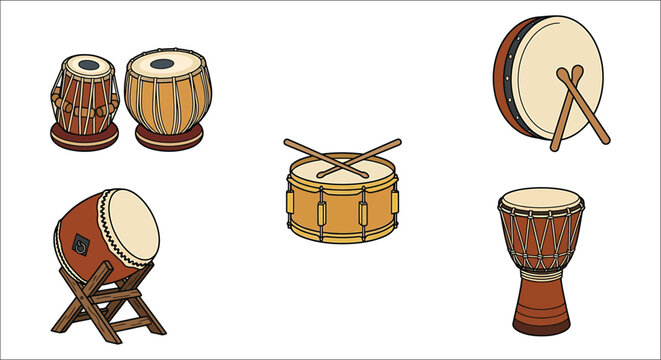 Collection of traditional drums and drumsticks colorful vector illustration