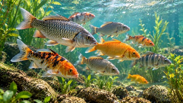 Group of colorful koi and carp fish swimming underwater in a clear pond with aquatic plants
