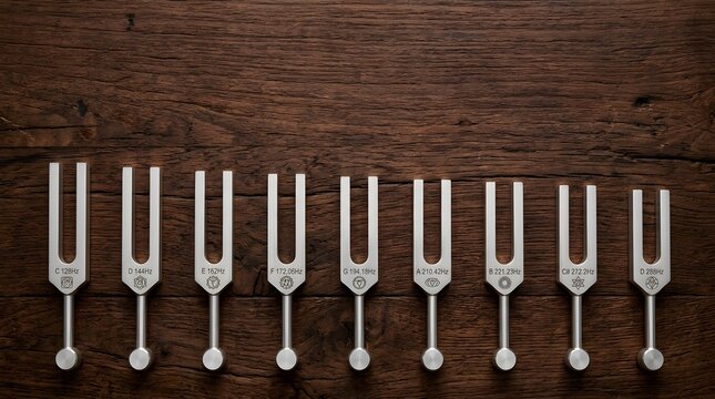 Nine tuning forks arranged by size on a rustic wooden table background.