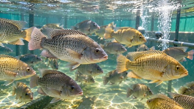School of tilapia fish swimming underwater in a commercial aquaculture farm tank with aeration bubbles