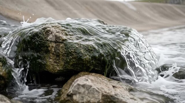 Fast current of water rushing violently over the surface of a rough limestone riprap boulder covered in slick green algae