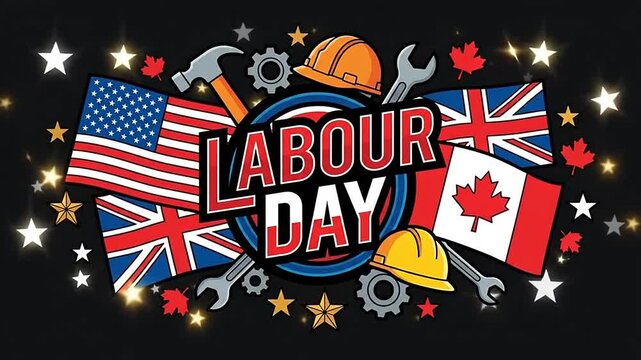 Labour Day holiday celebration with industrial tools and national flags