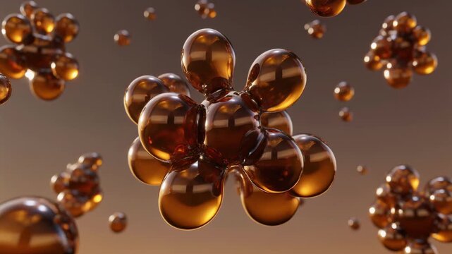 Abstract 3 d animation of amber liquid spheres floating in motion, scientific molecular structure concept, glossy organic bubbles background