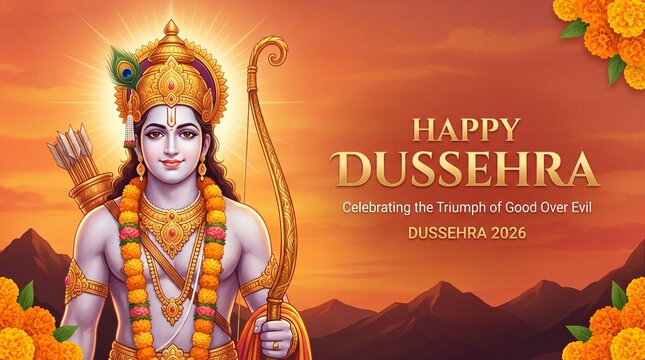 Lord Rama Portrait with Bow and Marigold Flower Happy Dussehra Festive Banner Design.