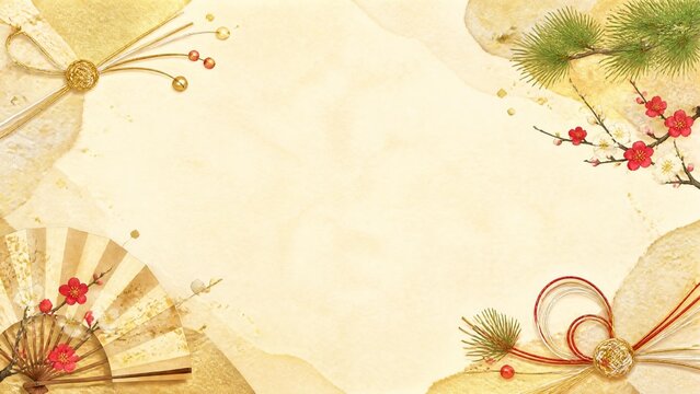 Elegant Japanese New Year Background with Mizuhiki, Pine and Plum
