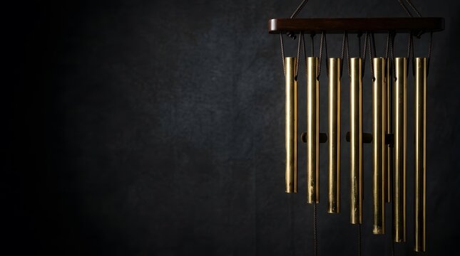 A close up of a wind chime against a black wall.