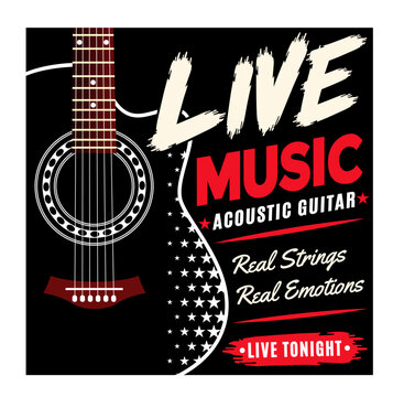 Live acoustic guitar music concert poster with vintage soundboard strings and stars for club festival event banner.