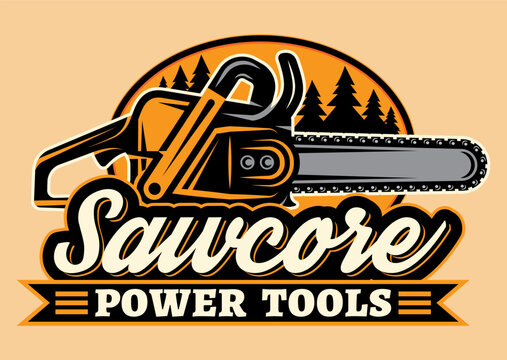 Vintage lumberjack forestry badge with mechanical chain blade equipment forest trees and ribbon for woodwork service.