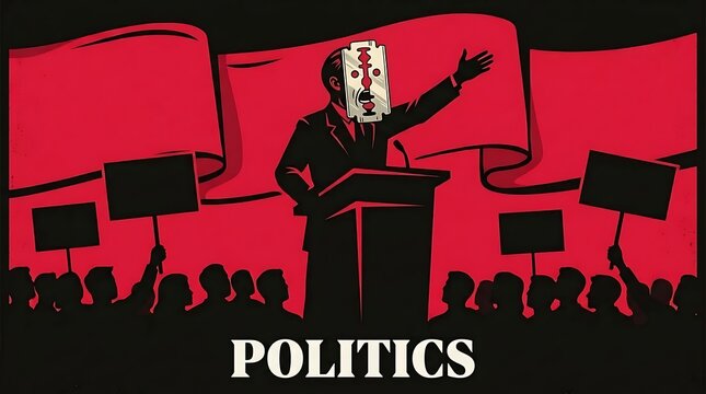 Political leader giving a speech at a rally with a crowd holding protest signs.