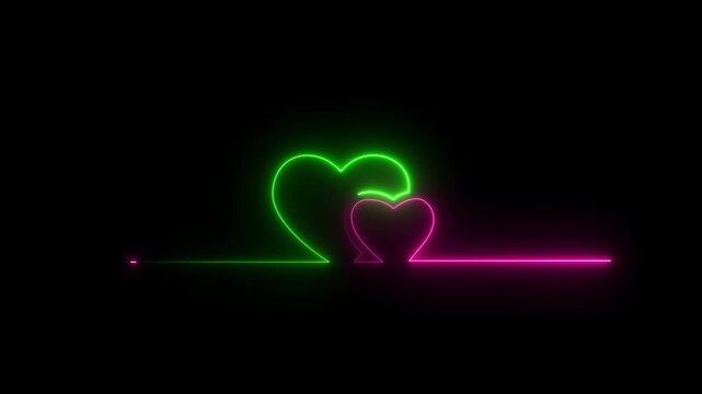 Neon line Two love hearts. Valentine's Day indicate black background.