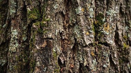 Obraz premium Deeply Fissured Tree Bark with Vibrant Moss and Golden Lichen — Natural Texture — AI Generated