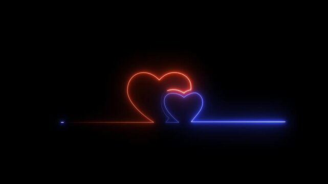 Neon line Two love hearts. Valentine's Day indicate black background.