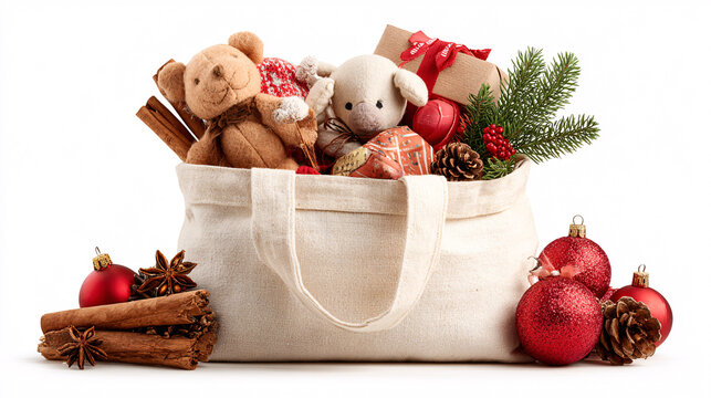 Canvas bag filled with plush teddy bears and festive holiday decorations sits as a heartwarming symbol of charitable gift giving and the joy of the Christmas spirit for children everywhere.