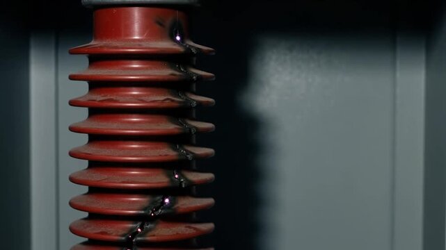 Ribbed red epoxy insulator emitting glowing purple electrical arcs along dusty matte surface in vertical orientation