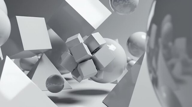 Abstract 3D Geometric Shapes Floating in a Minimalist Environment.