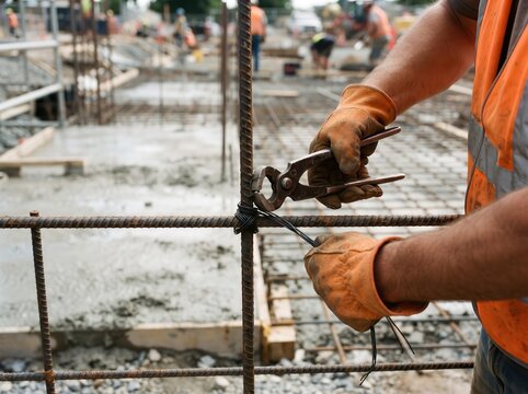Close-up of a construction worker using pincers to tie steel rebar grid with wire for a reinforced concrete foundation on an active building site.