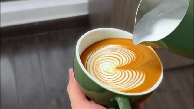 Barista Pouring  Tulip Latte Art in Ceramic Cup