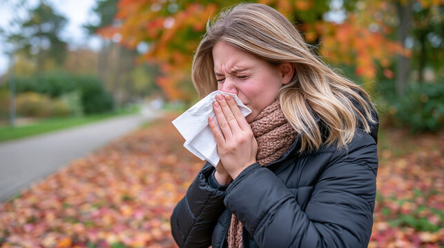 Blonde woman sneezing into a tissue on a quiet autumn forest path, colorful fall foliage and fallen leaves in the background, slightly uncomfortable expression, seasonal allergies and common cold sy