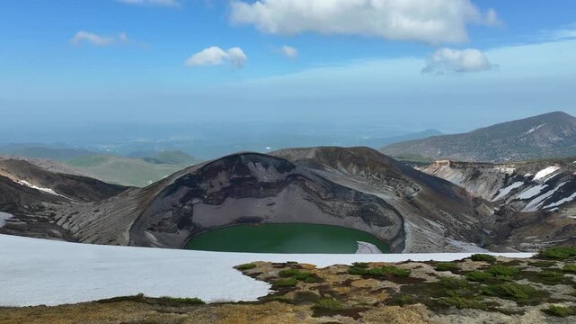 Aerial View of Zao Okama Crater Lake View at Mt Zao, Yamagata, Japan