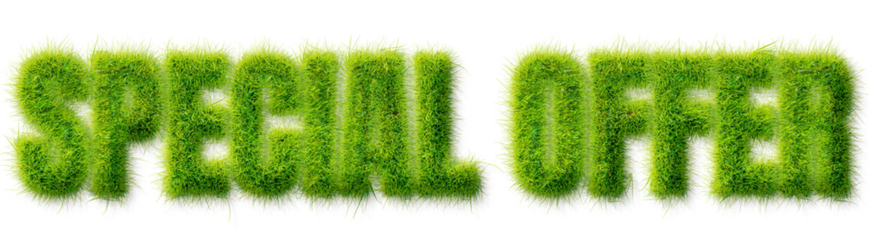 Special Offer text rendered in a realistic green grass texture isolated on transparent background