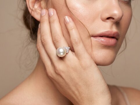 Woman with a white pearl ring, closeup