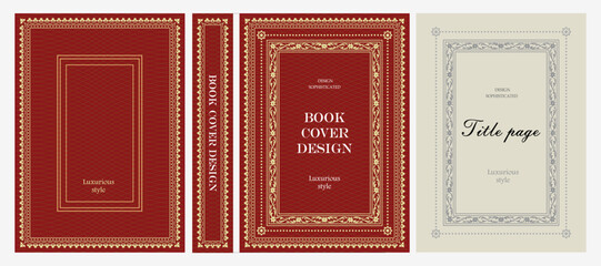 Fototapeta premium Classic vintage book cover, title page, spine design with Art Deco, Baroque, Art Nouveau and Victorian ornaments. Elegant decorative frame, retro style for publications, posters and artistic layouts.